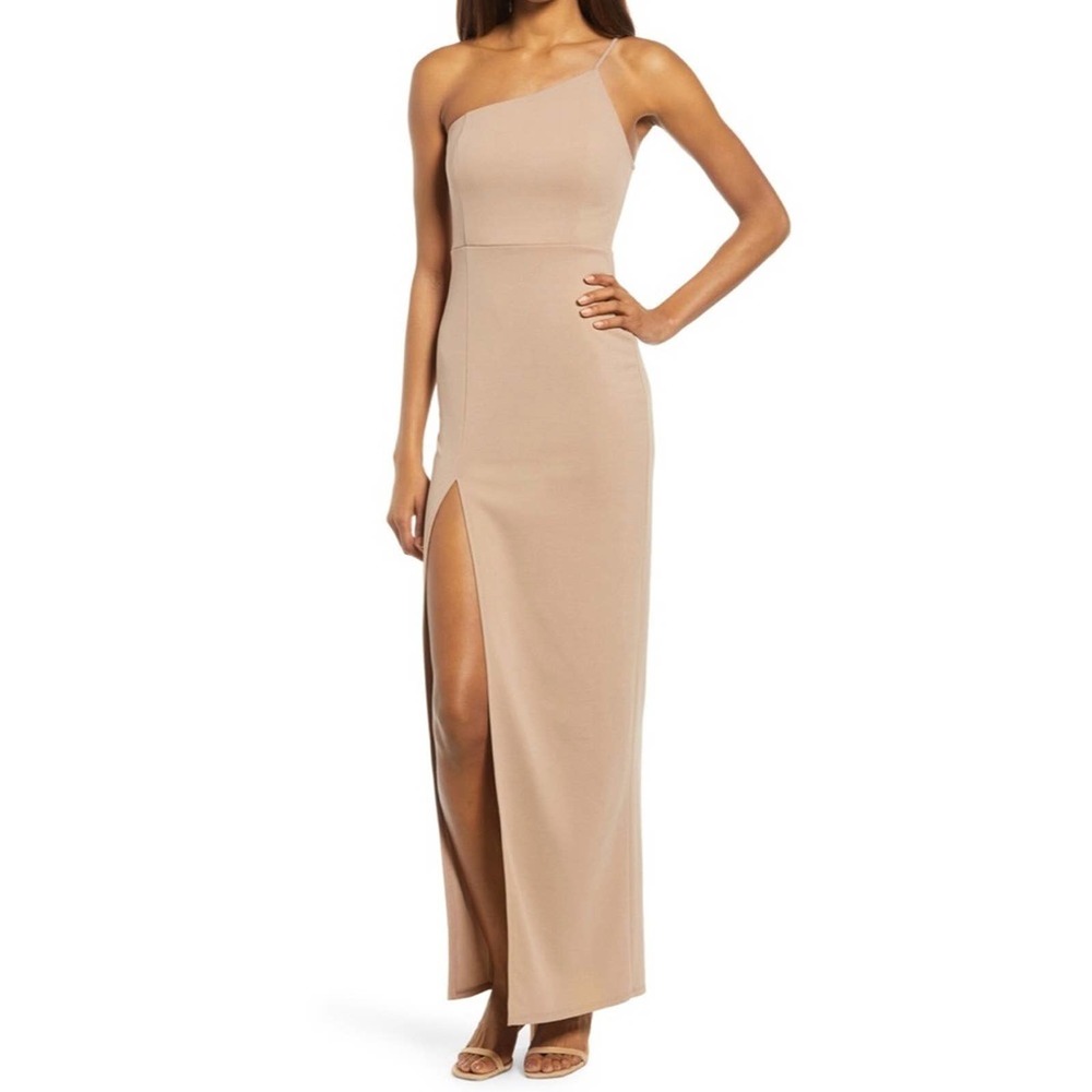 NEW Lulu's Keeper Of My Heart Tan One Shoulder Maxi Dress Small
